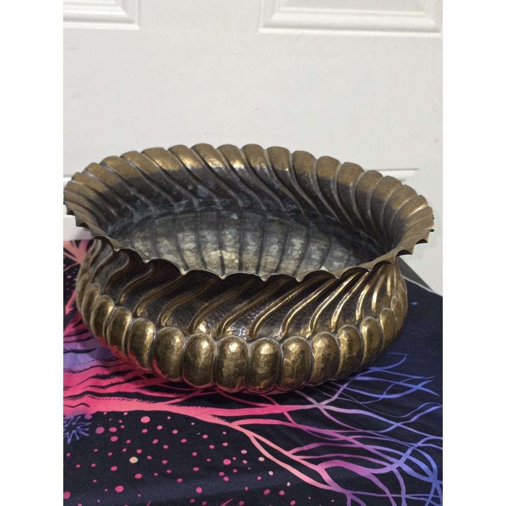 Vintage Hammered Brass Bowl Scalloped Ruffled Edge Fluted Decorative Centerpiece